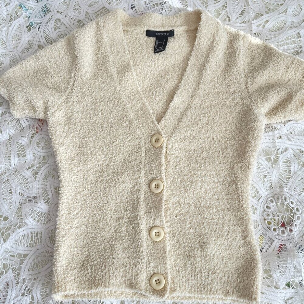 Forever 21 Fleece Sherpa Button-Up Cardigan Cream - S - Picture 2 of 7